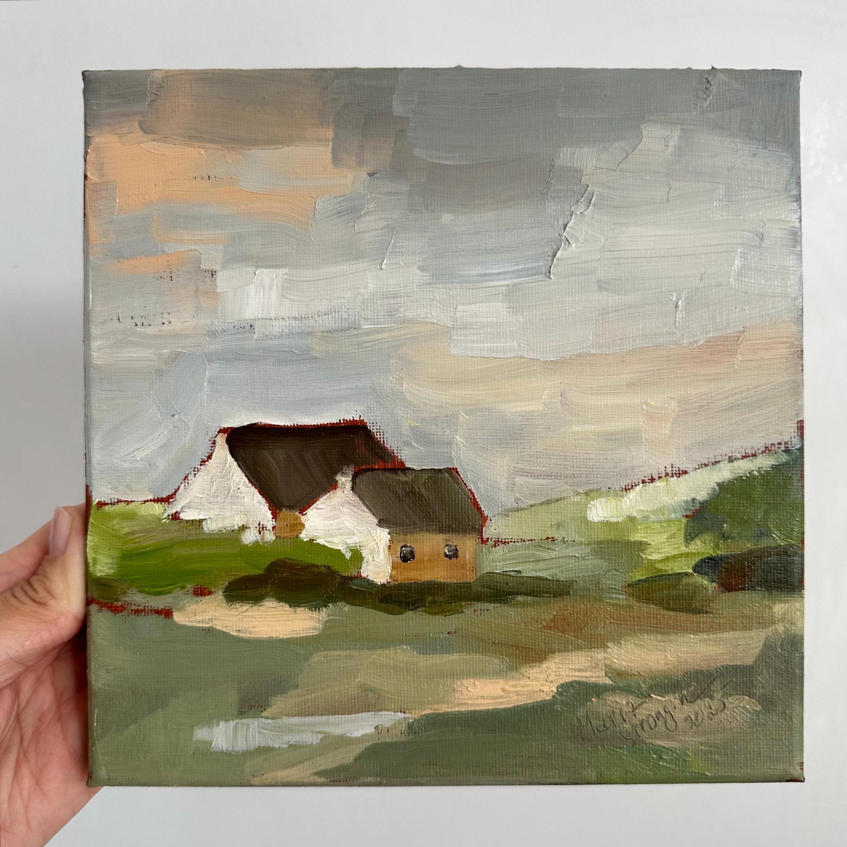 Ireland Landscape oil Painting Irish House painting canvas 8 x 8 Cloudy Landscape small home decor Field landscape Wilderness Painting