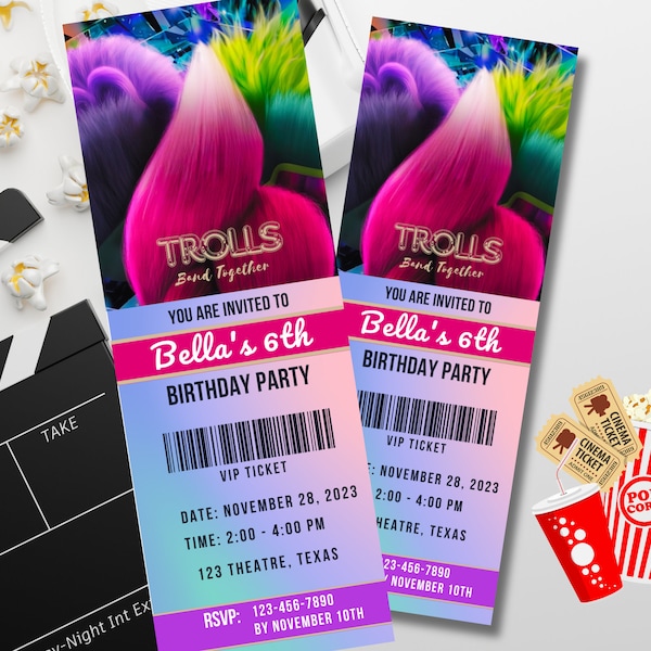 Editable Trolls Birthday Party Invitation, Trolls Band Together Movie Invitation, Trolls Movie Ticket, Trolls Party