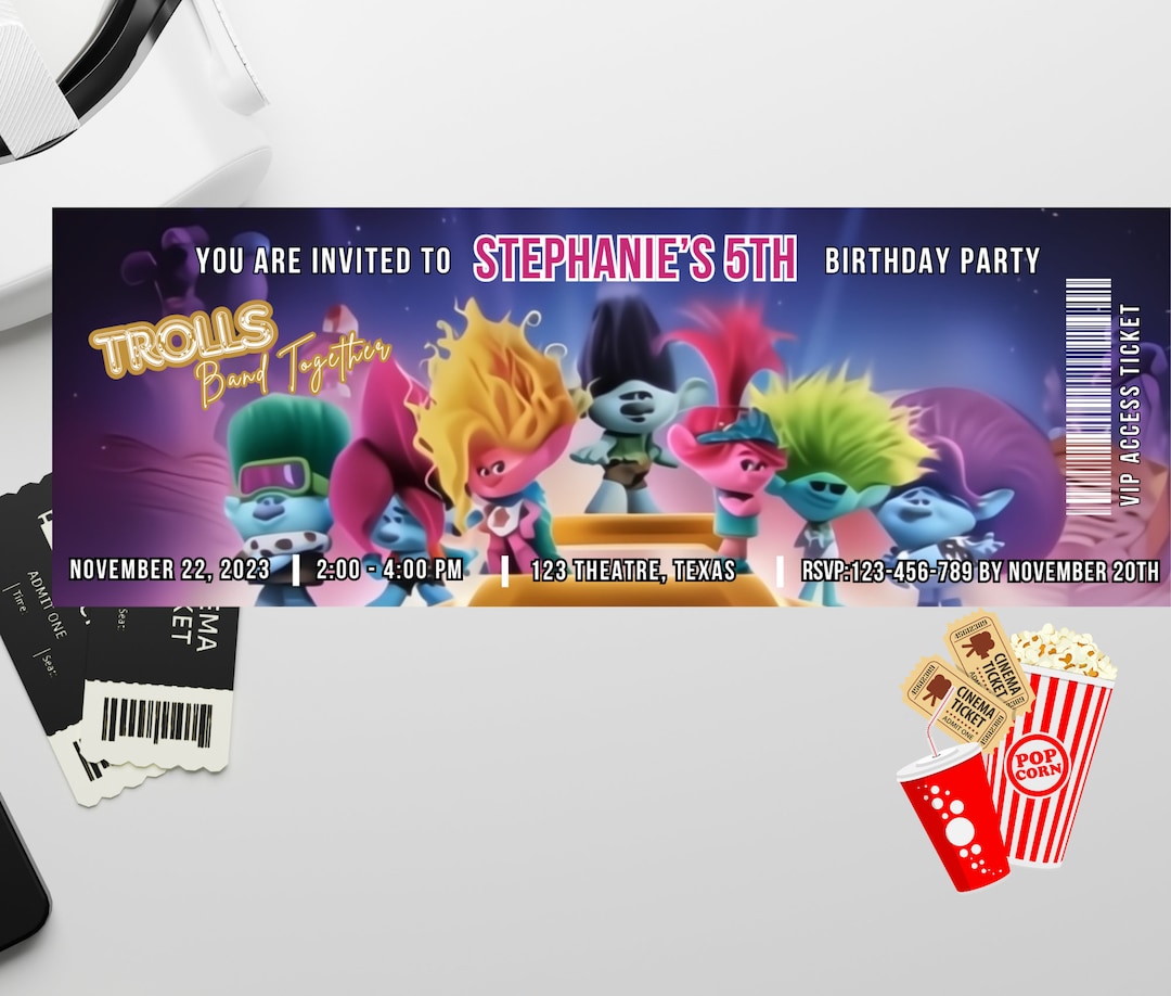 Trolls Band Together Birthday Party Invitation, Trolls Band Together