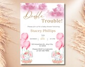 Editable Twins Baby Girl Shower Invitation, Double Trouble Baby Girls Shower Thank you card, Raffle Prize Card, Books for Baby card