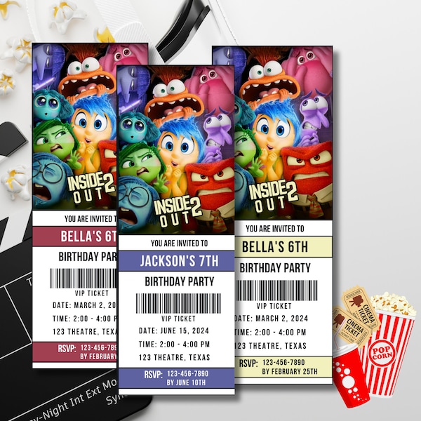 Inside Out 2 Movie Ticket Invitation, Inside out 2 Birthday Invitation, Inside out 2 Movie Invitation, Inside out 2 New Movie