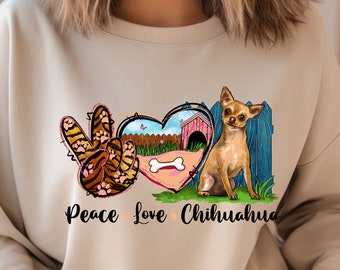 Sweat chihuahua, chemise chihuahua Peace Love, maman chien, tshirt unisexe papa chien, cadeau maman doré, cadeau propriétaires de chien, t-shirt amateur de chihuahua