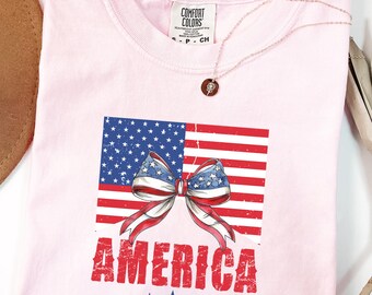 Comfort Colors USA Bow Shirt, Coquette 4th of July Tee, Red White and Blue Patriotic Shirt, American Flag Aesthetic T-Shirt, USA Star Tee
