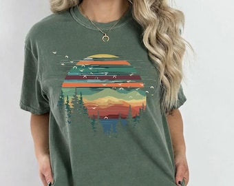 Vintage nature shirt, Mountain Graphic Tee, Retro Forest Shirt, Boho Nature tee, Outdoorsy Camping Tee, Adventure Shirt, vintage sunset tee