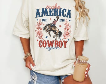 Comfort Colors Make America Cowboy Again Shirt, 4th of July Western Tee, Patriotic Cowboy T-Shirt, USA Est 1776 Rodeo Graphic Tee