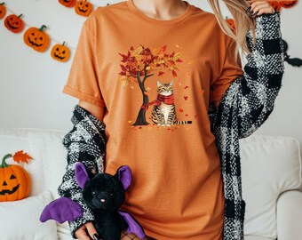 Comfort Colors® Fall Cat Shirt, Autumn Tree Halloween Tee, Cozy Kitty Graphic Shirt, Cute Spooky Season Shirt, October Cat Lover Gift