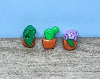 Potted Plants Pin Set | Handmade Clay Pins | Tiny MICRO polymer clay filler pins | Cactus, pothos, & hydrangea