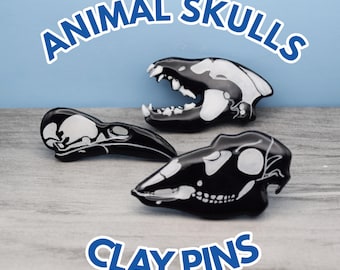 Animal Skull Pins | Handmade Clay Pins | Creepy coyote, raven, and deer skull pin brooch