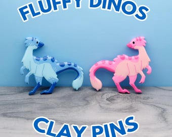 Handmade Fluffy Feathered Dinosaur Pins | Large polymer clay pins | Version 2