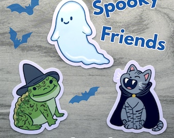 Spooky Friends 2-inch Stickers | Vampire cat, witch frog, ghost