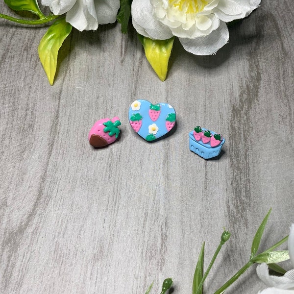 Strawberry Valentine's Day Pin Set | Handmade Clay Pins | Cute strawberry heart, basket, and chocolate-covered strawberry pins