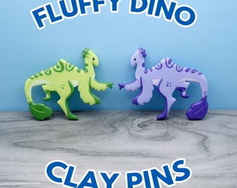 Handmade Fluffy Feathered Dinosaur Pins | Large polymer clay pins | Version 1
