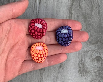 Berry Pins | Handmade Clay Pins | Raspberry, blackberry, salmonberry pins