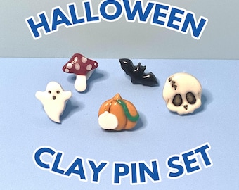 Halloween Pin Set | Handmade Clay Pins | Cute pumpkin, bat, ghost, skull, mushroom fall pins | Filler pins