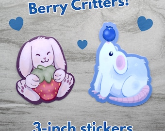 Berry Critters 3-inch Vinyl Stickers | Bunny and rat/mouse with fruit