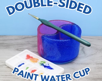 Paint Water Cup & Palette | Handmade resin artist gift | Blue and pink glitter double-sided cup to keep your paint water clean!