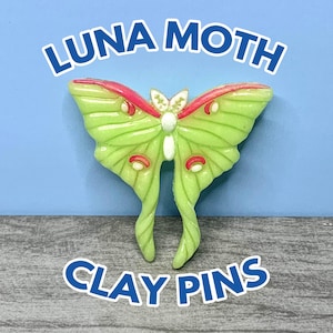 Könnte beinhalten: Eine grüne und rosafarbene Luna-Motten-Klettnadel. Die Nadel ist in Form eines Motten mit einem weißen Körper und roten und weißen Markierungen auf den Flügeln. Der Text "LUNA MOTH CLAY PINS" ist unterhalb der Nadel sichtbar.