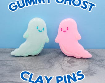 Handmade Gummy Ghost Pins | Clay Pins | Halloween green and pink ghosts