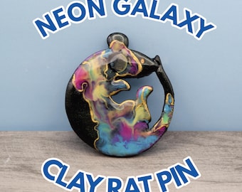 Handpainted Neon Galaxy Rat Pin | Clay Pins | One-of-a-kind