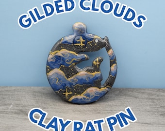 Handpainted Gilded Clouds Rat Pin | Clay Pins | One-of-a-kind