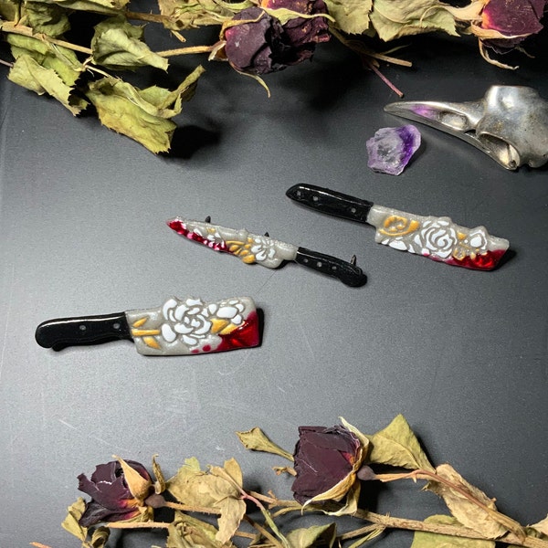 Bloody Floral Knife Pins | Handmade Clay Pins | Creepy bloody Halloween butcher knife pin brooch