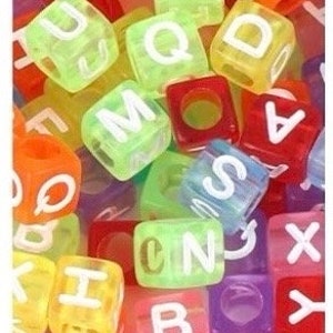 Puede incluir: Primer plano de cuentas de letras del alfabeto de colores. Las cuentas est&aacute;n hechas de pl&aacute;stico transl&uacute;cido y tienen letras blancas. Las cuentas son de varios colores, incluyendo rojo, naranja, amarillo, verde, azul y morado.