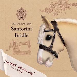 May include: A plush horse head with a brown leather bridle. The image includes text that reads "DIGITAL PATTERN Santorini Bridle" and "INSTANT DOWNLOAD! Start today!" on a tan background with floral and crest illustrations.