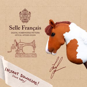 May include: A brown and white hobbyhorse head with a brown mane and a white blaze. The image includes text that reads "Selle Français" and "Instant Download! Start today!" on a tan background.