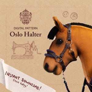 Könnte beinhalten: Ein brauner Plüschpferdekopf mit einem dunkelbraunen Halfter und blauen Akzenten. Das Bild enthält den Text "Oslo Halter" und "Sofort-Download! Jetzt starten!" auf einem beigen Hintergrund.