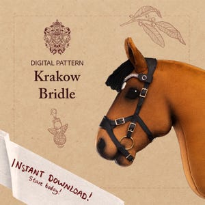 May include: A digital pattern for a Krakow Bridle is displayed on a tan background. The image features a brown horse head with a black bridle. Text includes "DIGITAL PATTERN" and "INSTANT DOWNLOAD! Start today!"