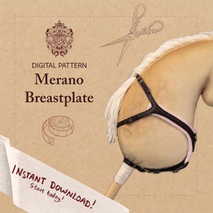 Könnte beinhalten: Digitales Schnittmuster für einen Merano-Brustschutz, das einen beigefarbenen Pferdekopf mit einem schwarzen und rosa Brustschutz zeigt. Das Bild enthält eine Schere, eine Maßbandillustration und den Text "Instant Download! Start today!"