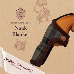 May include: A digital pattern for a "Nuuk Blanket" is displayed on a tan background. The blanket is green and black plaid with brown trim. The text "Instant Download! Start today!" is on a white banner. The image also includes a crest and illustrations.