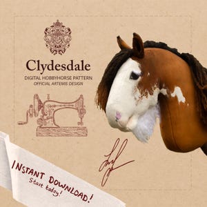 Könnte beinhalten: Ein Clydesdale-Hobbyhorse-Muster mit einem braunen und weißen Kopf, einer schwarzen Mähne und einer weißen Schnauze. Das Bild enthält den Text "Sofort-Download! Beginnen Sie noch heute!" und "Official Artemis Design."