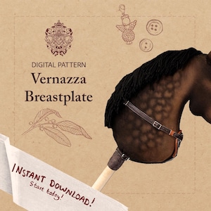 May include: Digital pattern for a Vernazza breastplate. The image shows a brown horse head with a black mane and leather harness. The text "Instant Download! Start today!" is visible on a white banner.