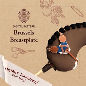 Könnte beinhalten: Digitales Muster für eine Brüsseler Brustplatte. Das Bild zeigt einen braunen Pferdekopf mit einer blauen und beigefarbenen Brustplatte. Der Hintergrund ist beige mit Illustrationen von Zitrusfrüchten, einer Sicherheitsnadel und einer Schere. Der Text lautet "Sofort-Download! Beginnen Sie noch heute!"