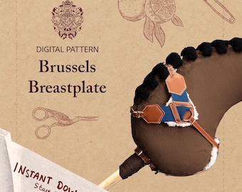 Puede incluir: Patrón digital para un peto de Bruselas. La imagen muestra una cabeza de caballo marrón con un peto azul y marrón. El fondo es marrón con ilustraciones de cítricos, un imperdible y unas tijeras. El texto dice "¡Descarga instantánea! ¡Empieza hoy!"