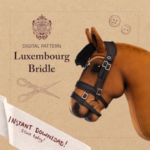 May include: A brown horse head wearing a black leather bridle with silver buckles. The text "Luxembourg Bridle" is displayed, along with "Digital Pattern" and "Instant Download! Start today!"