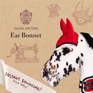 Può includere: Modello digitale per un cappuccio per le orecchie. L'immagine mostra una testa di cavallo che indossa un cappuccio per le orecchie rosso e bianco. La testa del cavallo è bianca con macchie nere. È visibile anche il testo "DOWNLOAD IMMEDIATO! Inizia oggi!"