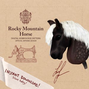Könnte beinhalten: Digitales Hobbyhorse-Schnittmuster mit einem schwarz-weißen Pferdekopf und weißer Mähne. Der Text "Rocky Mountain Horse" ist zu sehen. Die Worte "Instant Download! Start today!" sind ebenfalls sichtbar.