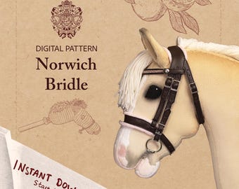 Puede incluir: Un patrón digital para una brida Norwich, que presenta una cabeza de caballo de peluche con una brida marrón y una melena blanca. La imagen incluye el texto "Instant Download! Start today!".