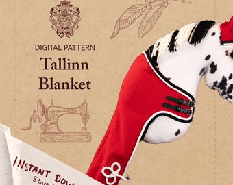 Puede incluir: Un patrón digital para una manta Tallinn, con una manta roja con ribetes y hebillas negras, sobre una cabeza de caballo manchada en blanco y negro. La imagen incluye el texto "¡Descarga instantánea! ¡Empieza hoy!"