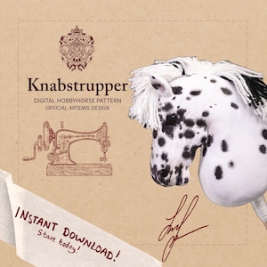 Könnte beinhalten: Ein digitales Steckenpferd-Muster mit Knabstrupper-Design. Das Bild zeigt einen weiß-schwarz gefleckten Steckenpferdkopf mit weißer Mähne. Der Hintergrund ist beige mit dem Text "Sofort-Download! Starten Sie heute!"