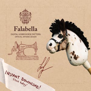 Könnte beinhalten: Ein digitales Falabella-Steckenpferd-Muster. Das Bild zeigt einen Steckenpferdkopf mit weißem und braunem Fleckenmuster, schwarzer Mähne und Lederhalfter. Der Text lautet "Sofort-Download! Jetzt starten!"