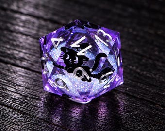 Handmade Black Cat D&D Dice Set, Purple Glitter Resin RPG Accessories