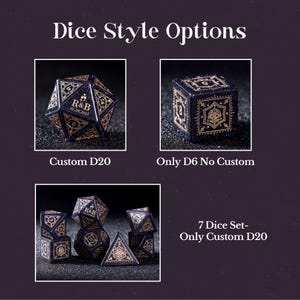 May include: Image showcasing dice style options. Includes a custom D20 die with initials and date, a D6 die, and a seven-piece dice set. The dice are navy blue with gold-colored detailing and text. The text on the image reads "Dice Style Options."