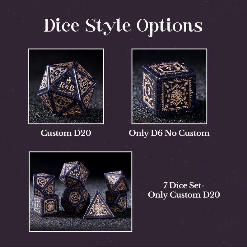 May include: Image showcasing dice style options. Includes a custom D20 die with initials and date, a D6 die, and a seven-piece dice set. The dice are navy blue with gold-colored detailing and text. The text on the image reads "Dice Style Options."