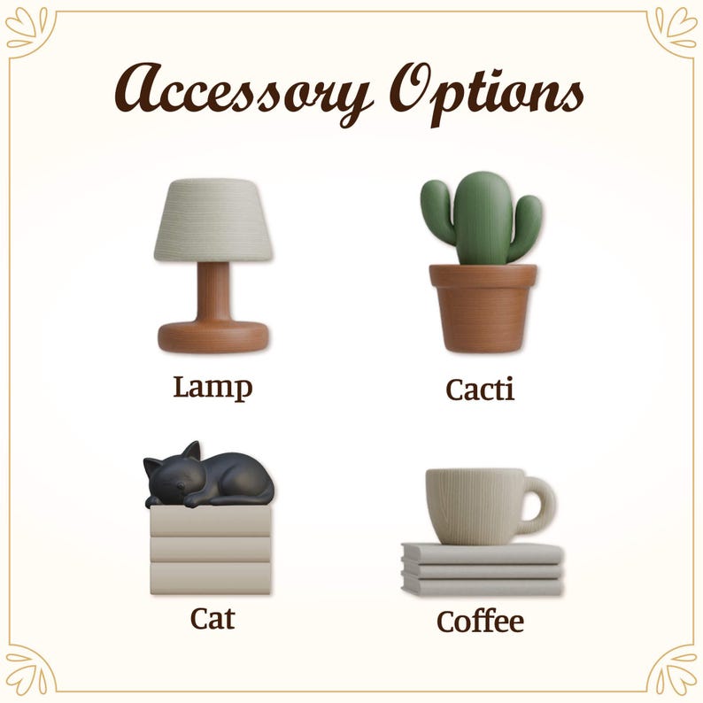 Puede incluir: Imagen que muestra opciones de accesorios. Presenta una peque&ntilde;a l&aacute;mpara con una pantalla beige, un cactus verde en una maceta marr&oacute;n, una figura de gato negro sobre libros y una taza de caf&eacute; sobre libros. El texto "Accessory Options" est&aacute; en la parte superior.
