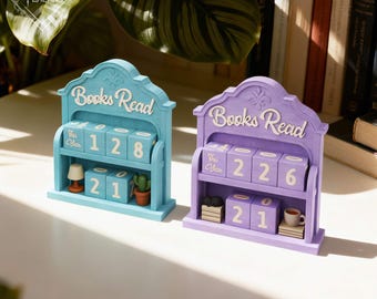 Rejestrator książek w stylu vintage – półka na książki wydrukowana w 3D z kostkami do gry w liczby, książki przeczytane w tym roku, śledź swoją czytelniczą podróż w stylowy sposób