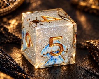Handmade Jellyfish Resin D&D Dice Set, Glitter Gold Foil Fantasy RPG Dice