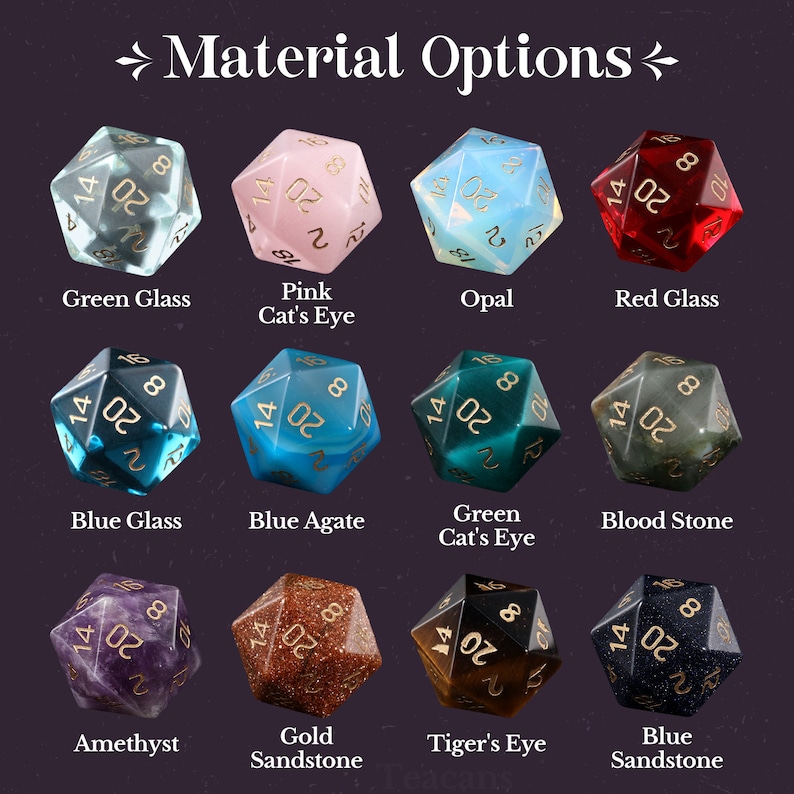 May include: A collection of 12 different gemstone dice, each with a unique colour and pattern. The dice are all 20-sided and feature the numbers 1-20. The dice are arranged in a grid of four rows and three columns. The dice are made of various materials, including glass, agate, and gemstone.